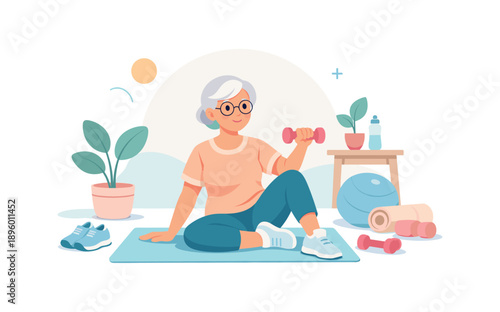 Elderly woman exercising with dumbbells on yoga mat, flat vector illustration
