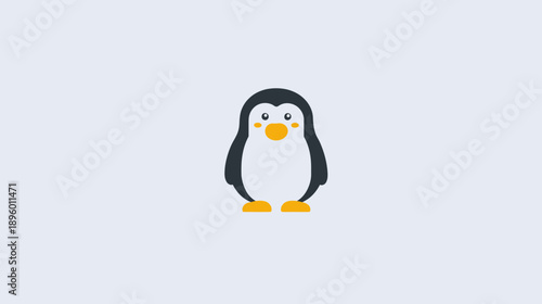 A cartoon penguin with a white belly, black body, yellow feet and nose on a grey background