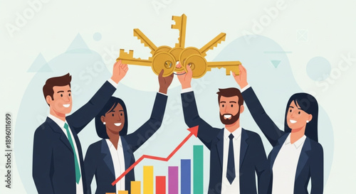 Diverse business team celebrates success holding golden keys above colorful bar graph.