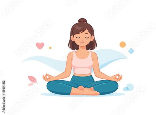 Woman meditating in lotus position with calm background, flat vector illustration
