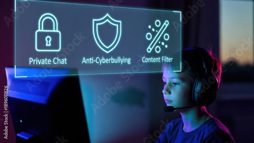 Child using a computer with digital privacy and security features displayed, including private chat, anti-cyberbullying, and content filter, symbolizing online safety for kids.