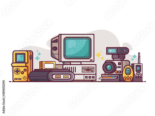 90s retro gaming and technology equipment featuring old computer game console handheld player polaroid camera pager and electronic toys