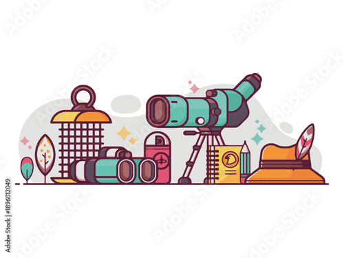 Bird watching and nature exploration equipment collection featuring binoculars telescope bird feeder hat and field notebook in flat vector style