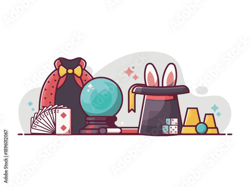 Magic performance set with magician top hat rabbit ears crystal ball playing cards wand and cape for entertainment and mystery concept
