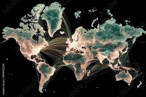 A digital representation of global network links utilizes nodes and lines to highlight data flow and technological development throughout continents