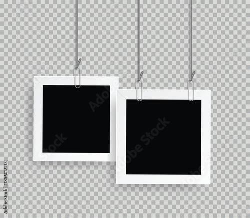 Retro realistic photo frame with paper clip isolated on transparent background