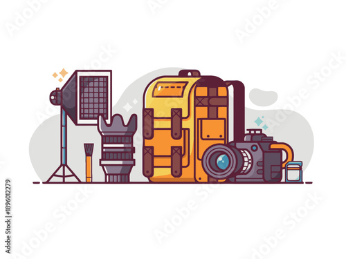 Professional photography equipment collection featuring DSLR camera lenses studio softbox lighting backpack and memory card for photo studio