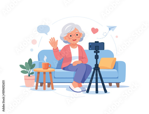 Elderly woman video calling via smartphone on couch, flat vector illustration