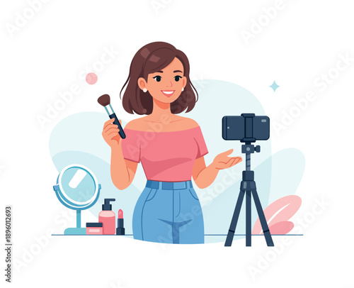 Woman recording makeup tutorial with tripod and cosmetics, flat vector illustration