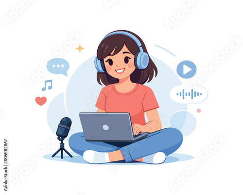 Girl podcasting with laptop and microphone, flat vector illustration
