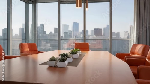 Modern executive boardroom with panoramic city skyline view featuring plush orange leather chairs and a sleek wooden conference table with minimalist succulent decor illuminated by contemporary