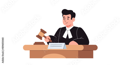 Judge banging gavel at desk in courtroom scene illustration from front view