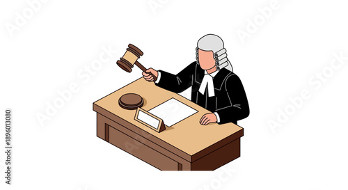 Illustration of judge holding gavel at desk with documents in courtroom setting from overhead viewpoint