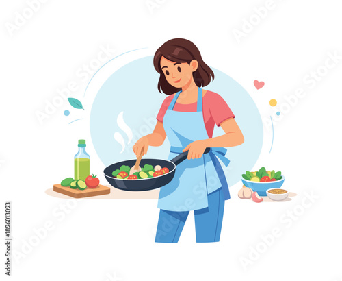 Woman cooking vegetables in kitchen, flat vector illustration