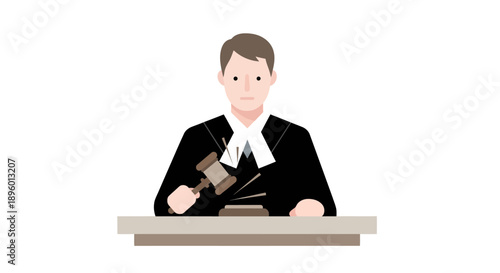 Judge holding gavel in courtroom with serious expression and formal attire, illustration, front view