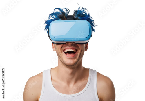 Young caucasian man with vibrant electric blue hair wearing a light blue futuristic vr headset, laughing joyfully against a high-key white studio background. Immersive technology concept