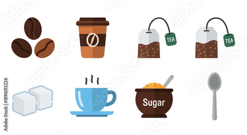Coffee and tea preparation items, including cups and sweeteners, displayed on a clean white surface from a straightforward viewpoint.