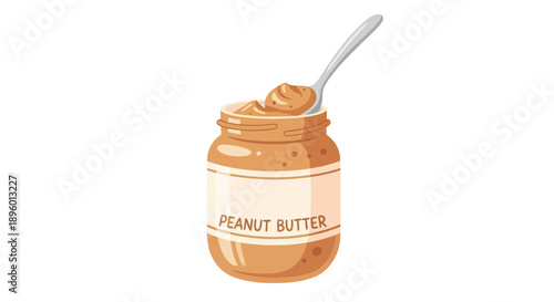 A jar of peanut butter with a spoon inside viewed from the side on a white background