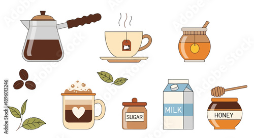Assorted coffee ingredients and beverages arranged on a clean white surface from a top-down viewpoint