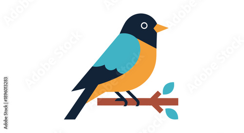 A colorful bird perched on a branch with leaves, viewed from the side in a minimalist illustration style.