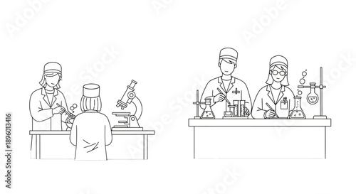 Scientists conducting experiments in a laboratory setting with various equipment and microscopes in a detailed illustration
