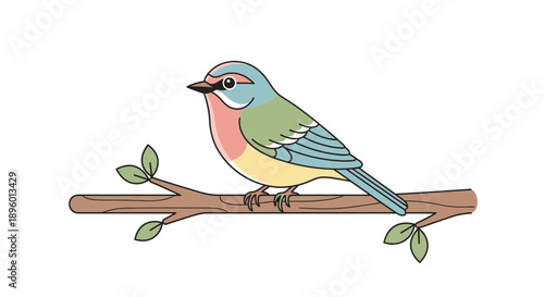 Colorful bird perched on branch with leaves, showcasing vibrant plumage and natural habitat from a side view