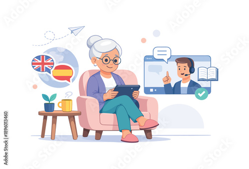 Senior woman learning language online, flat vector illustration