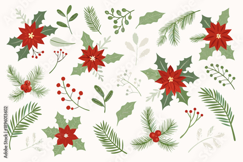 Festive botanical arrangement featuring poinsettias holly and evergreen branches