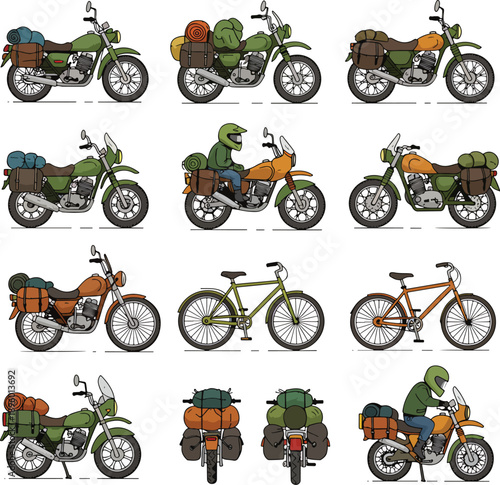 Adventure Travel Motorcycles and Bicycles with Luggage Vector Art