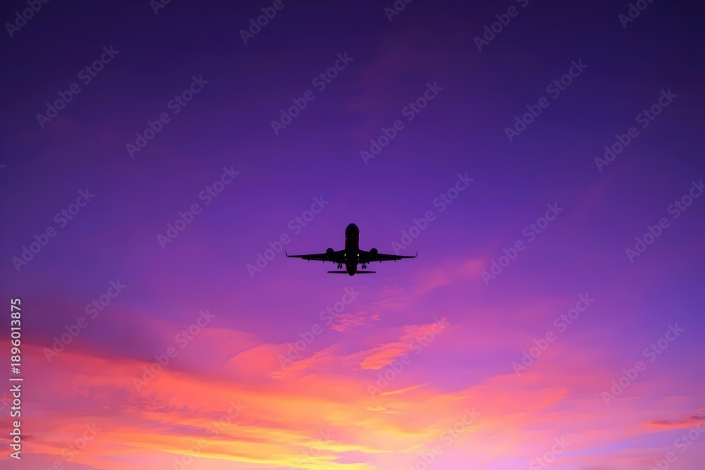 Naklejka premium Silhouette of passenger airplane flying in purple and orange sunset sky