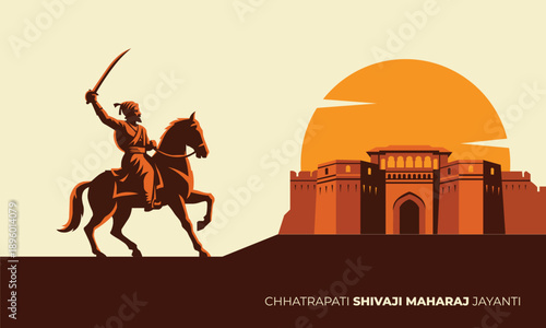 2d flat vector of Chhatrapati Shivaji Maharaj Jayanti illustration with fort