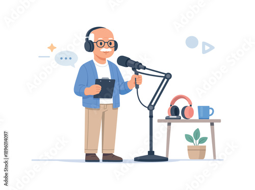 Elderly man podcasting with microphone in studio, flat vector illustration