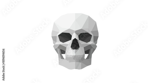 A grayscale geometric representation of a human skull, against a plain white background