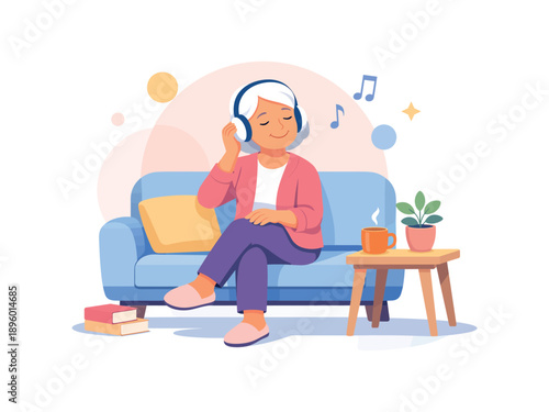 Elderly woman relaxing with music on sofa, flat vector illustration