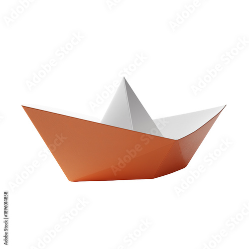 Single orange paper boat in minimal style, isolated on white, png