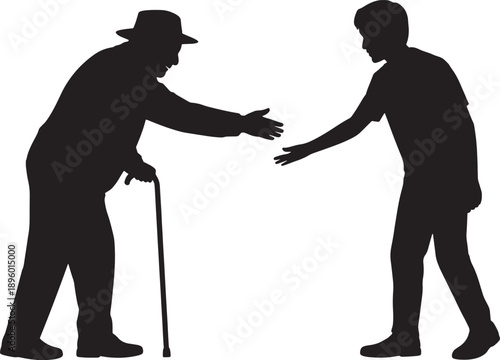 people reaching towards each other Generations connect as an elder with a cane reaches out to a younger person