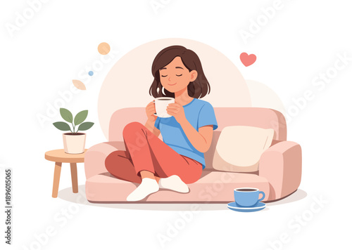 Woman relaxing with coffee on sofa, flat vector illustration