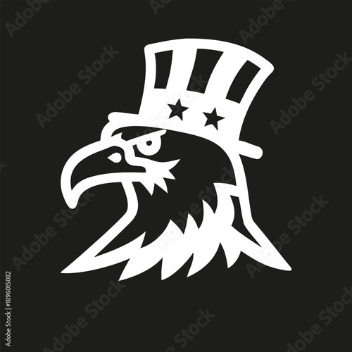 American Bald Eagle Head Portrait, wearing an Uncle Sam hat symbol Independence Day USA on 4th of July icon. White silhouette logo of a  bird on black background.Vector Illustration isolated