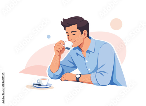 Man drinking coffee at a table, relaxed pose, flat vector illustration