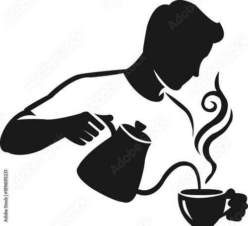 Modern black silhouette illustration of a barista pouring hot coffee into a cup, minimal logo style