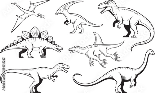 prehistoric dinosaur collection line art illustrations