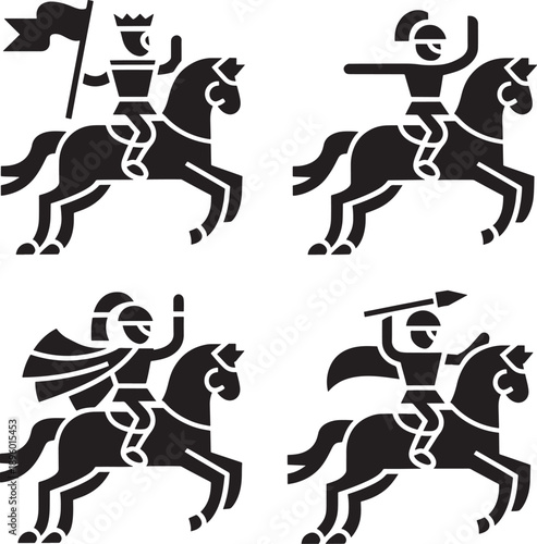 riding horses Stylized black silhouette icons of medieval knights and warriors