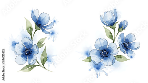 Blue flowers with green leaves watercolor isolated on a transparent background
