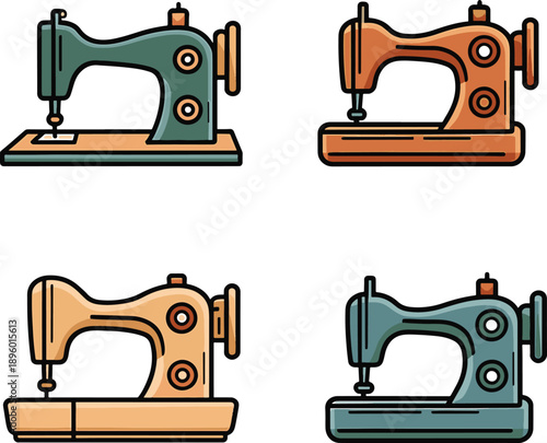 sewing machine illustrations in various colors, depicting vintage craftsmanship and textile arts