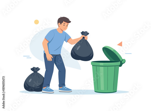 Man throwing trash into bin for recycling, flat vector illustration