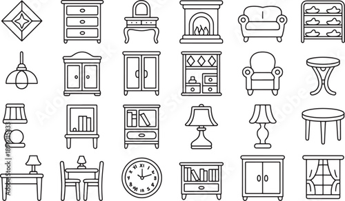 various home furniture and decor items icons collection simple line art representing