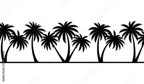 Seamless palm tree silhouette vector border in black isolated on white