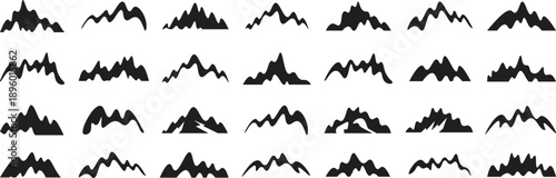 Mountains icon set. Black silhouette of mountains icon vector set. Adventure wildlife landscape, hike, travel illustration sign collection. Mountains vector illustration
