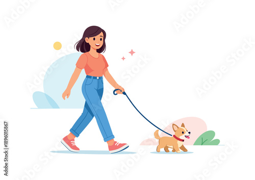 Smiling woman walking dog in park, flat vector illustration