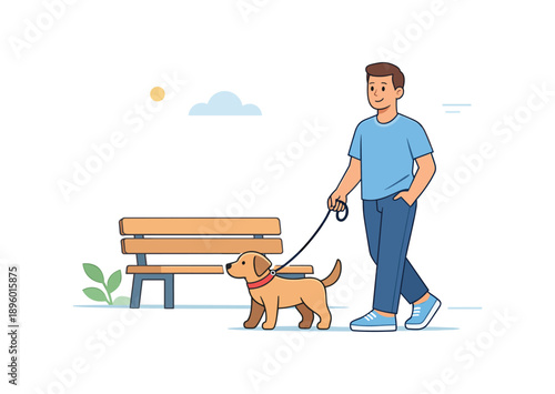 Man walking dog near park bench, flat vector illustration